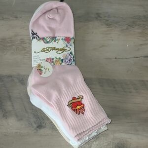 Ed Hardy Pink and White Ankle Socks with Ribbed Texture